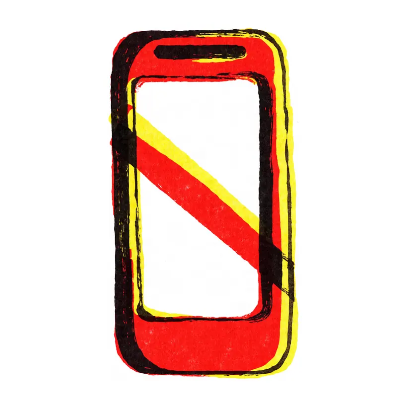 Screenprint-style illustration of a phone with a blank screen struck through by a diagonal band.