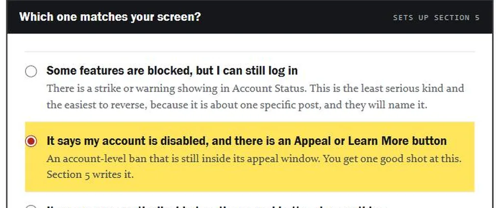 The guide's ban type picker, with the matching option highlighted in yellow.